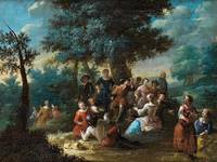 Abb. Unbekannter Künstler: Heitere Gesellschaft bei Rast im Wald, um 1750, Gleimhaus, erworben mit Unterstützung der Fielmann AG