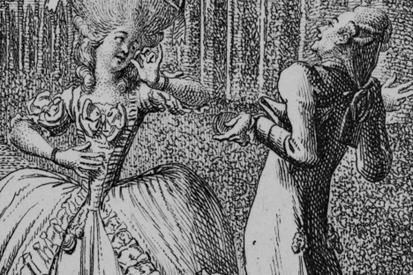 Daniel Chodowiecki: Das Gespräch (Ausschnitt). Aus der Serie Natürliche und affektierte Handlungen des Lebens, 1778, Gleimhaus
